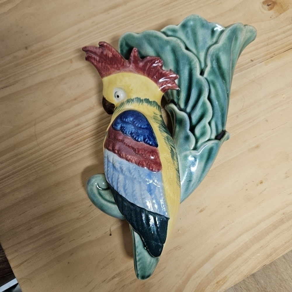 Vintage Antique 50s Ceramic Cockatoo Cornucopia Wall Planter
